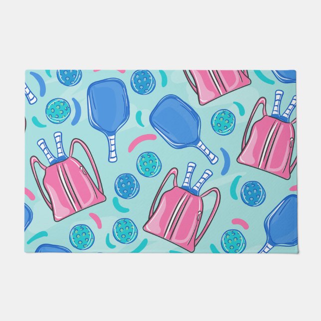 Pickleball Paddles and Balls Blue Doormat (Front)