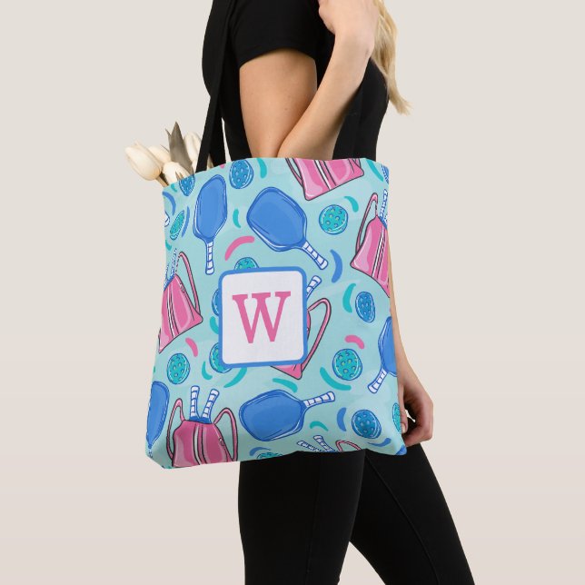 Pickleball Paddles and Balls Blue Preppy Monogram Tote Bag (Close Up)