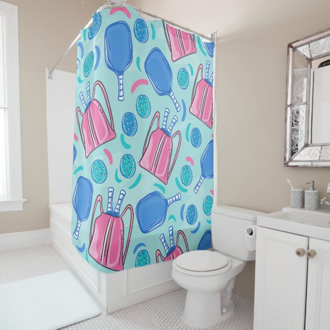 Pickleball Paddles and Balls Blue Preppy Shower Curtain (In Situ)