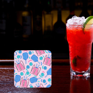 Pickleball Paddles and Balls Pink Preppy Coaster