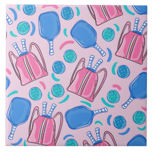 Pickleball Paddles and Balls Pink Preppy Tile