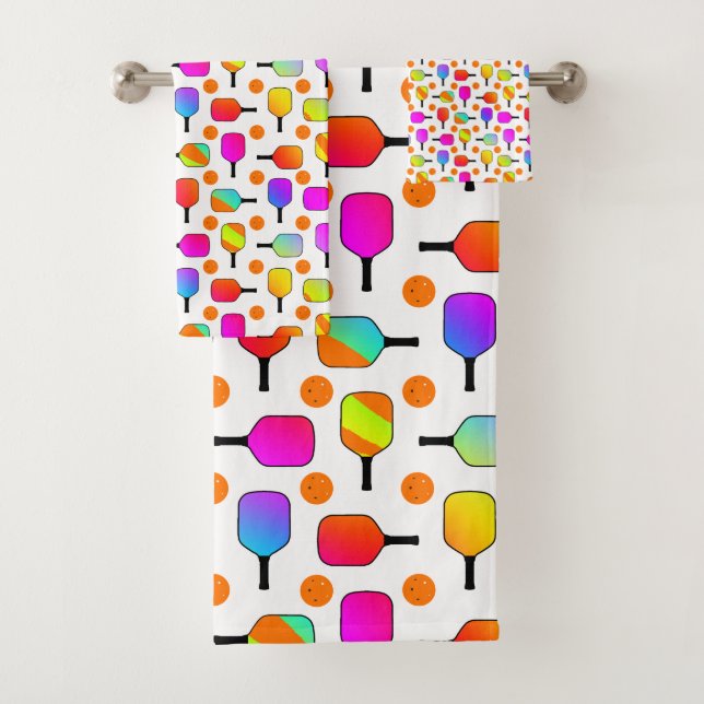 Pickleball Paddles and Orange Pickleball Colourful Bath Towel Set (Insitu)