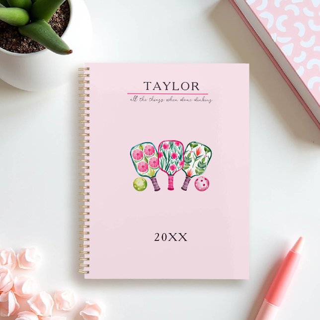 Pickleball Paddles Balls Watercolor Custom Funny Planner (pickleball personalized planner gift paddles club team player gift custom text pink watercolor)