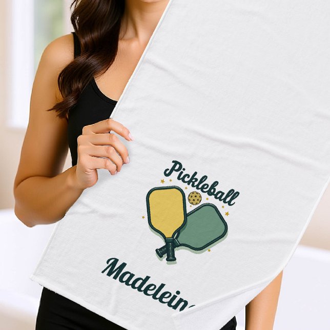 Pickleball Paddles Green Script Personalised Gift Bath Towel (pickleball gift personalized towel paddles ball name retro calligraphy modern vintage chic)