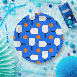 Pickleball Paddles, Orange Pickleball Balls, Blue Paper Plate
