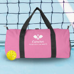 Pickleball Paddles Personalised Name Custom Text Duffle Bag<br><div class="desc">The perfect pickleball bag for all your gear - design features crossed Pickleball Paddles, a ball and 2 lines of custom text. Add your name, monogram, team name or truly any custom text. Perfect for carrying your paddles, balls, snack, water bottle, etc. Easily change the colours to suit your style....</div>
