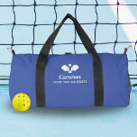 Pickleball Paddles Personalised Name Custom Text Duffle Bag<br><div class="desc">The perfect pickleball bag for all your gear - design features crossed Pickleball Paddles, a ball and 2 lines of custom text. Add your name, monogram, team name or truly any custom text. Perfect for carrying your paddles, balls, snack, water bottle, etc. Easily change the colours to suit your style....</div>