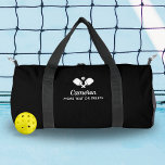 Pickleball Paddles Personalised Name Custom Text Duffle Bag<br><div class="desc">The perfect pickleball bag for all your gear - design features crossed Pickleball Paddles, a ball and 2 lines of custom text. Add your name, monogram, team name or truly any custom text. Perfect for carrying your paddles, balls, snack, water bottle, etc. Easily change the colours to suit your style....</div>