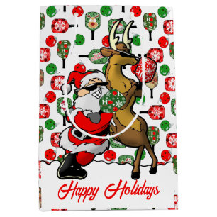 Pickleball Partners Santa & Reindeer Sleighing It  Medium Gift Bag
