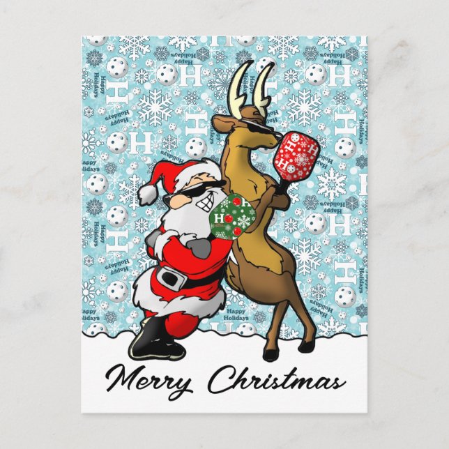 Pickleball Partners Santa & Reindeer Sleighing It Postcard (Front)