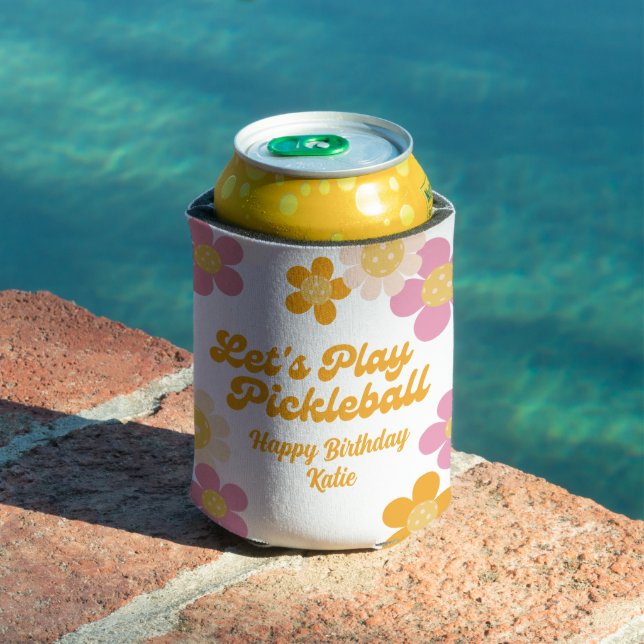 Pickleball Party Groovy Retro Pink Orange Flowers  Can Cooler (In Situ Pool)