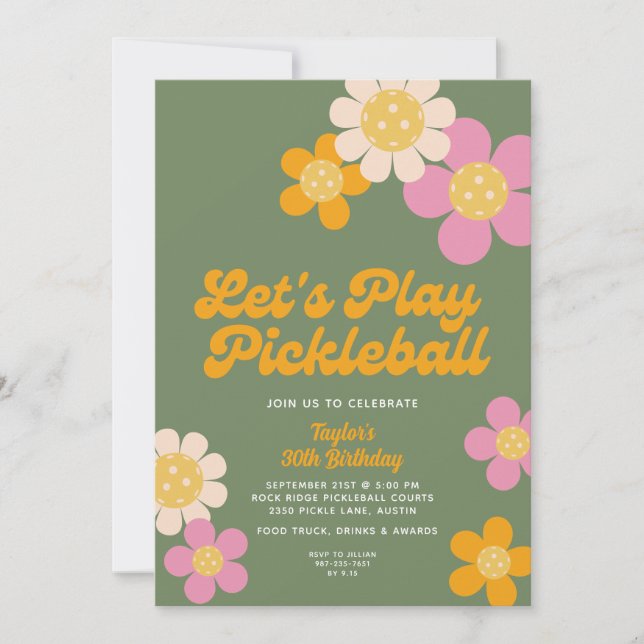 Pickleball Party Groovy Retro Pink Orange Flowers  Invitation (Front)