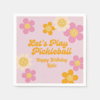 Pickleball Party Groovy Retro Pink Orange Flowers