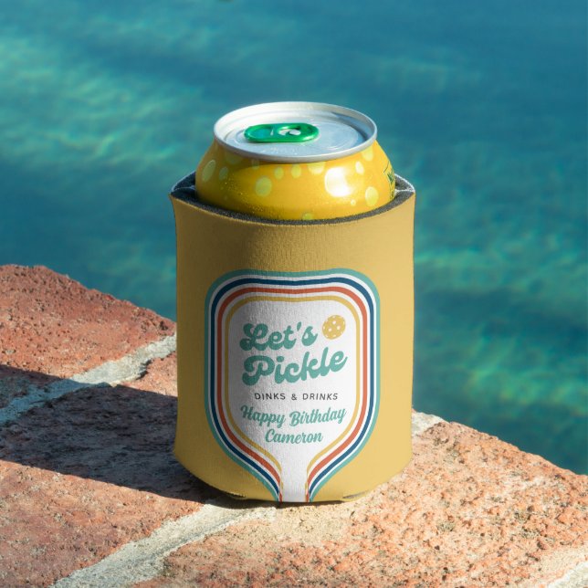 Pickleball Party Let's Pickle Retro Rainbow Stripe Can Cooler (In Situ Pool)