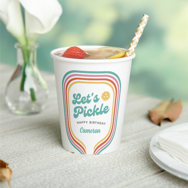 Pickleball Party Let's Pickle Retro Rainbow Stripe Paper Cups (Insitu)