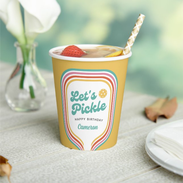 Pickleball Party Let's Pickle Retro Rainbow Stripe Paper Cups (Insitu)