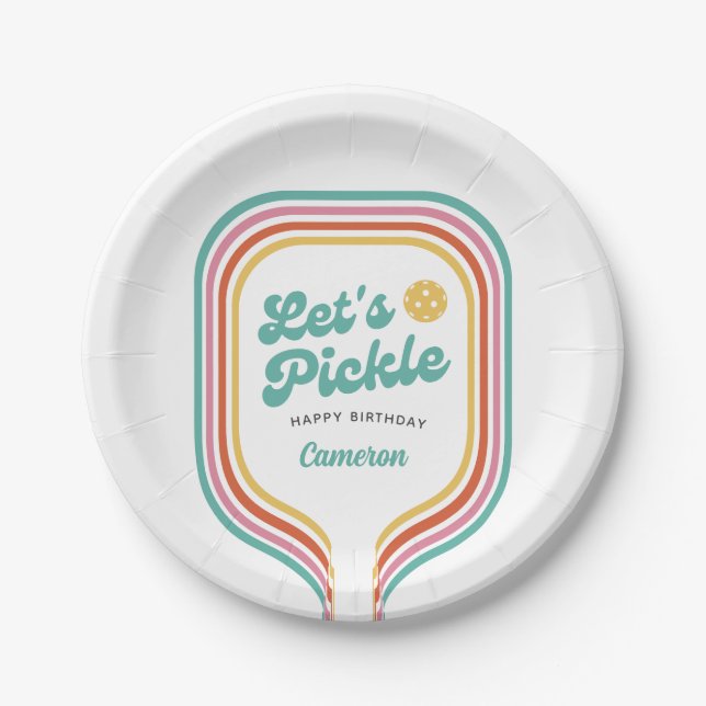 Pickleball Party Let's Pickle Retro Rainbow Stripe Paper Plate (Front)