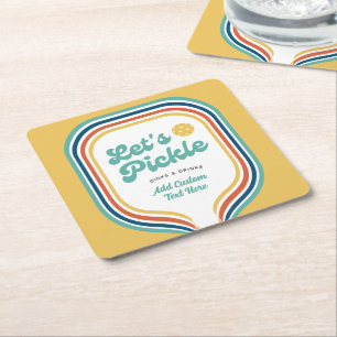 Pickleball Party Let's Pickle Retro Rainbow Stripe Square Paper Coaster