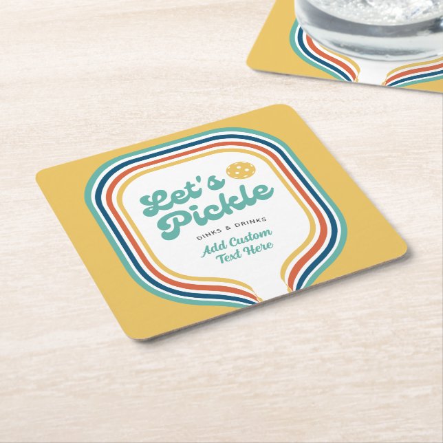 Pickleball Party Let's Pickle Retro Rainbow Stripe Square Paper Coaster (Angled)