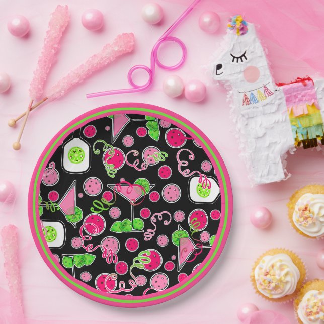 Pickleball Party Pink Cosmo Cocktails Green Limes Paper Plate (Party)