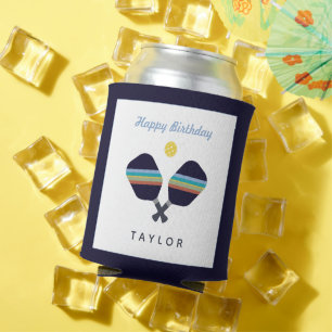 Pickleball Party Sports Dark Blue Striped Paddles Can Cooler