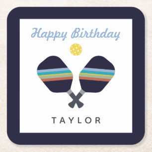 Pickleball Party Sports Dark Blue Striped Paddles  Square Paper Coaster