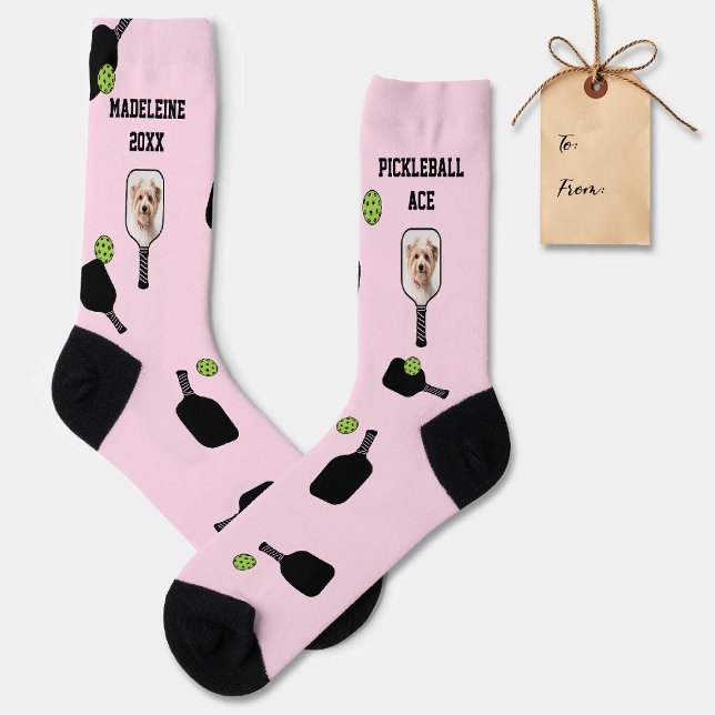 Pickleball Pattern Pet Photo Pink Personalised Socks (pickleball gift personalized socks paddles ball name text modern pink black pet photo)