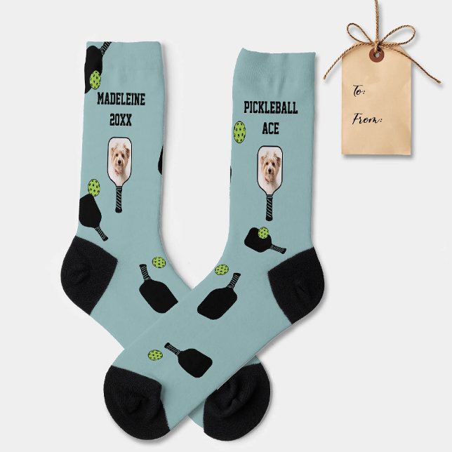 Pickleball Pattern Pet Photo Teal Personalised Socks (pickleball gift personalized socks paddles ball name text modern teal black pet photo)