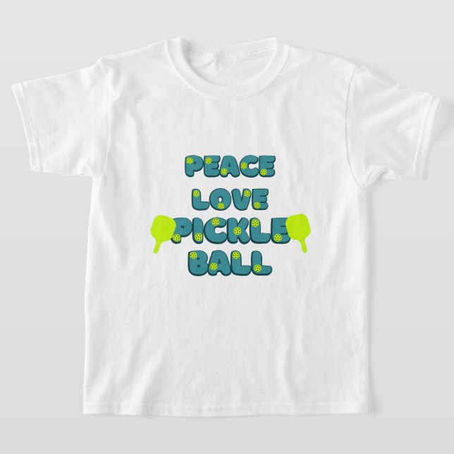 Pickleball Peace and Love with blue text  T-Shirt (Laydown)