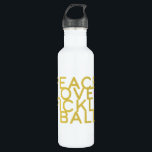Pickleball Peace and Love Yellow Water Bottle<br><div class="desc">Peace,  Love and Pickleball! This chic design featuring the words "peace,  love and pickleball" in mustard yellow and fuchsia celebrates the sport of pickleball. Makes a wonderful gift for the pickleball lover in your life. Part of a collection from Parcel Studios.</div>