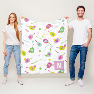 Pickleball Personalised Monogram Blue Green Pink Fleece Blanket