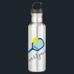 Pickleball Personalised Name on Blue 710 Ml Water Bottle<br><div class="desc">Personalised custom pickleball water bottle with a blue and teal turquoise pickleball paddle and ball monogram and custom name or text in an elegant modern calligraphy script signature monogram font. Great gift for women and girls youth or teen pickleball player with a sleek and subtle girly feminine look and modern...</div>