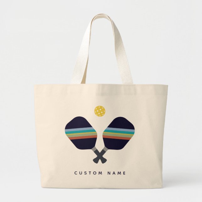 Pickleball Personalised Name Striped Paddles Blue  Large Tote Bag (Front)