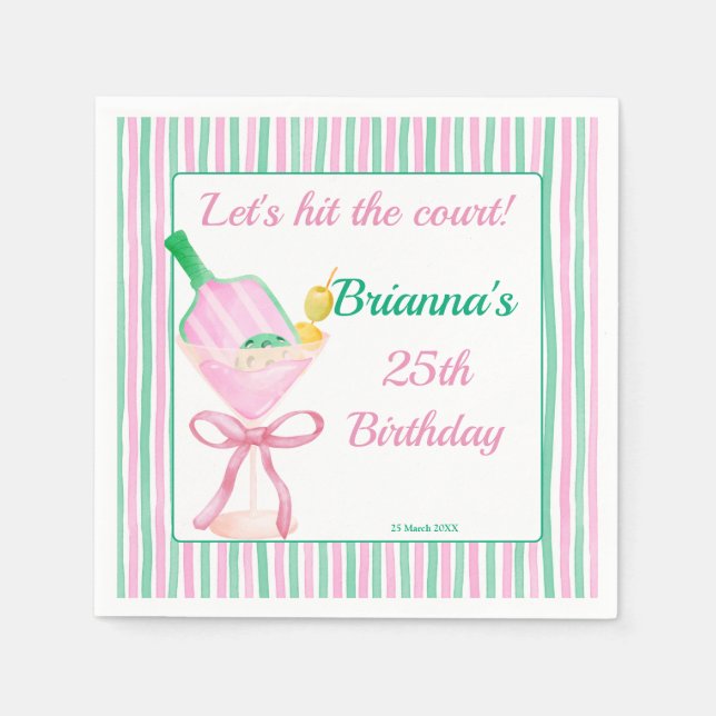 Pickleball pink and green birthday party custom napkin (Front)