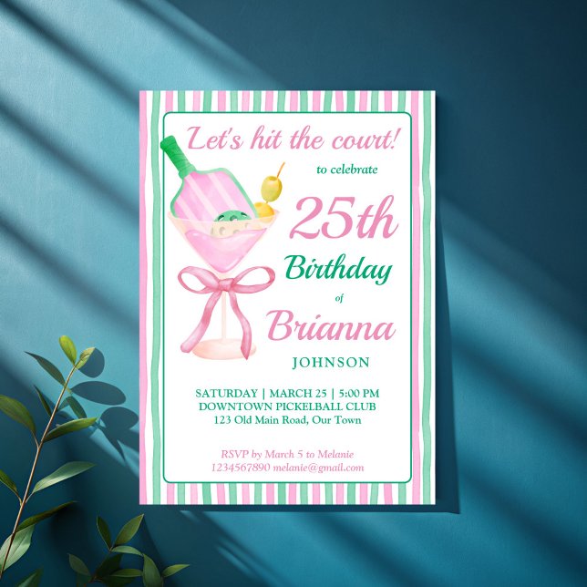 Pickleball pink and green birthday party invite (Pickleball pink and green coquette bow martini glass adults birthday party invitation template)