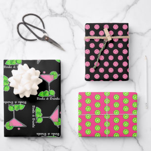  Pickleball Pink Green Dinks & Drinks Cocktails Wrapping Paper Sheet