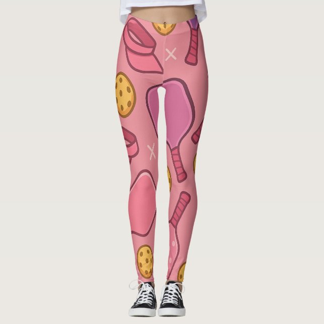 Pickleball Pink Paddle Pattern Sporty Leggings (Front)