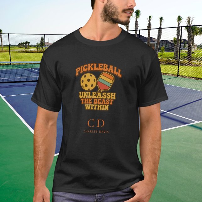 Pickleball player black retro orange fun quote T-Shirt (Creator Uploaded)