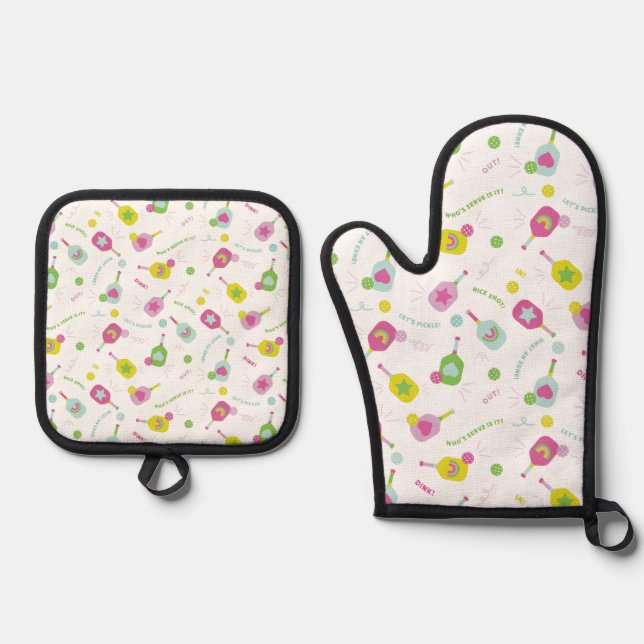Pickleball Player Gift for Her Cute Oven Mitt & Pot Holder Set (Front)
