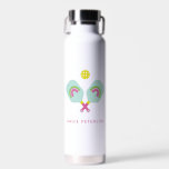 Pickleball Player Gift Rainbow Paddles Custom Water Bottle<br><div class="desc">This vibrant and whimsical bright pastel personalised pickleball water bottle is the perfect accessory for all pickleball enthusiasts who want to add a touch of colour and fun to their day. Featuring a fun design with pickelball paddles with rainbows and the custom name of your choice. In pink, green, blue,...</div>