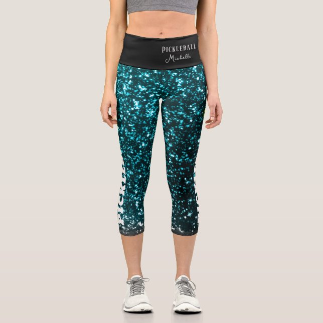 Pickleball Player Personalised Black blue glitter Capri Leggings (Front)