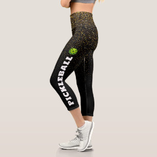 Pickleball Player Personalised Black Gold Glitter Capri Leggings