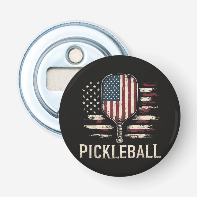 Pickleball Player US Flag Retro Paddleball Bottle Opener (Front)