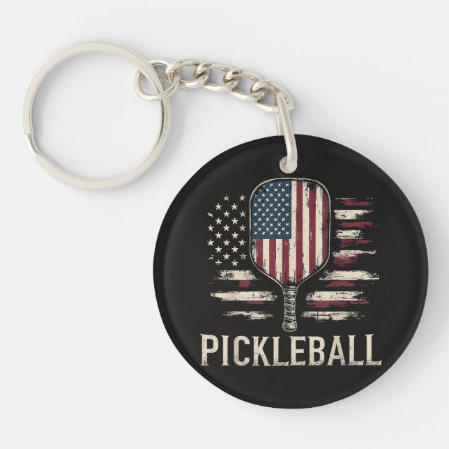 Pickleball Player US Flag Retro Paddleball Key Ring (Front)