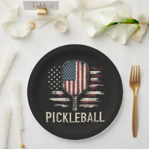 Pickleball Player US Flag Retro Paddleball Paper Plate