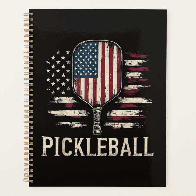 Pickleball Player US Flag Retro Paddleball Planner (Front)