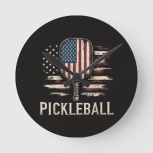 Pickleball Player US Flag Retro Paddleball Round Clock