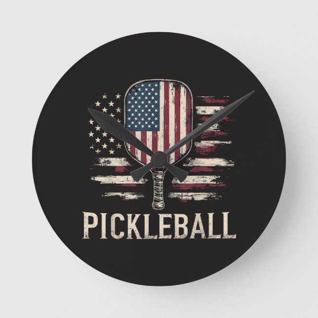 Pickleball Player US Flag Retro Paddleball Round Clock (Front)