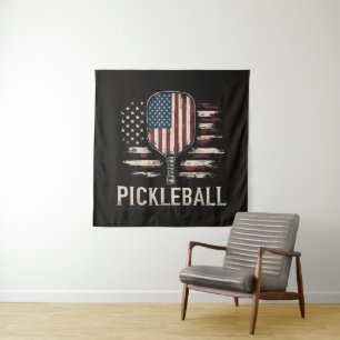 Pickleball Player US Flag Retro Paddleball Tapestry