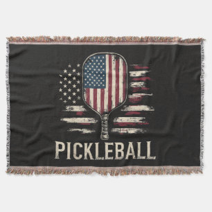 Pickleball Player US Flag Retro Paddleball Throw Blanket